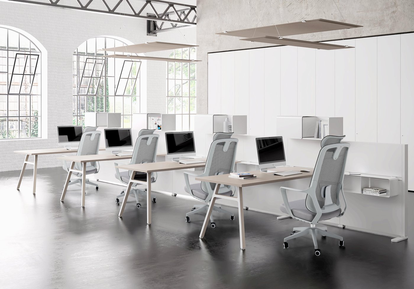Open-plan office furnished with ALBAHAUS ergonomic seating and standing desks
